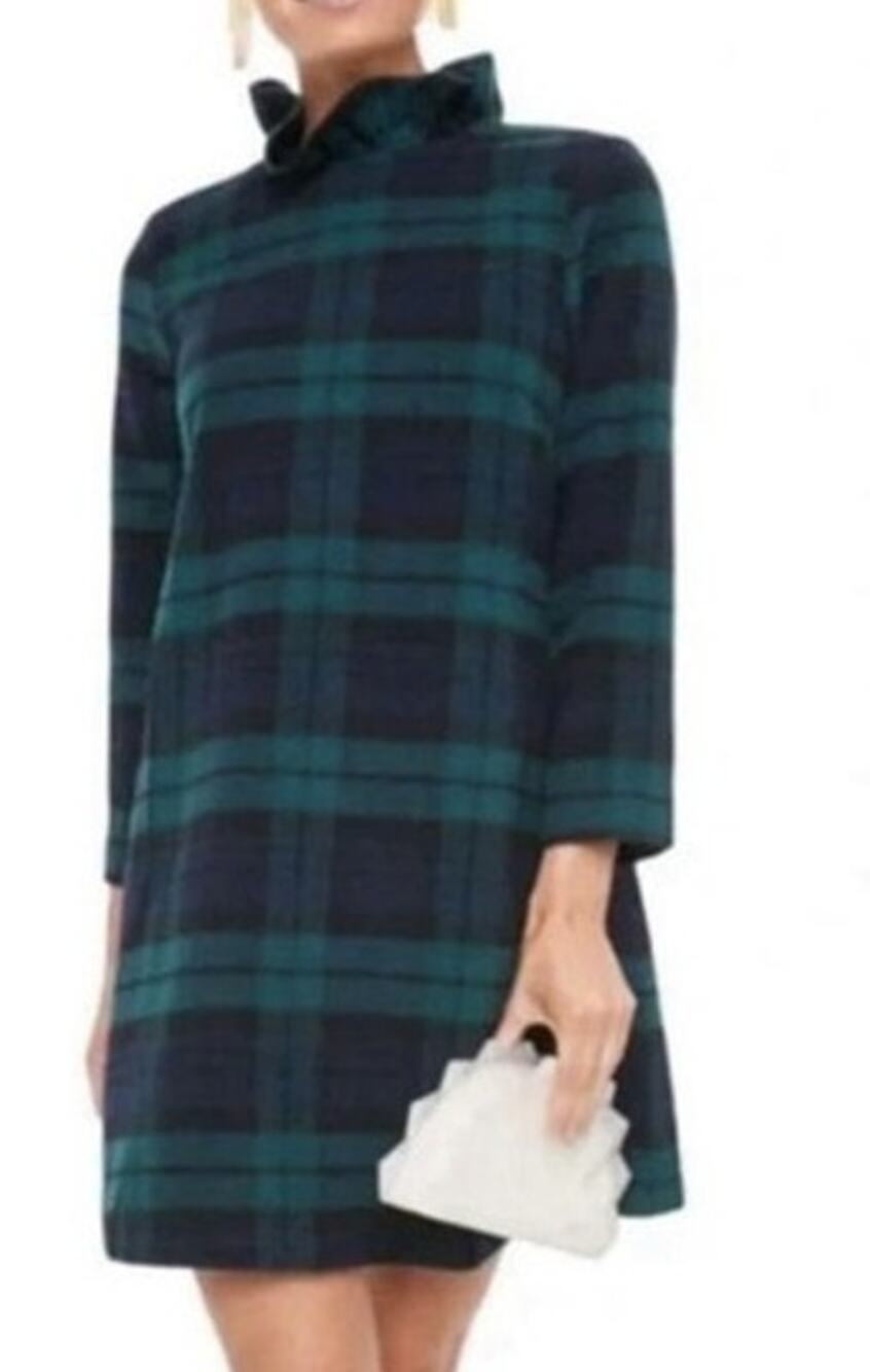 Tuckernuck Blackwatch Plaid Ruffle Trim Daphne Mini Shift Dress Green Blue XXL